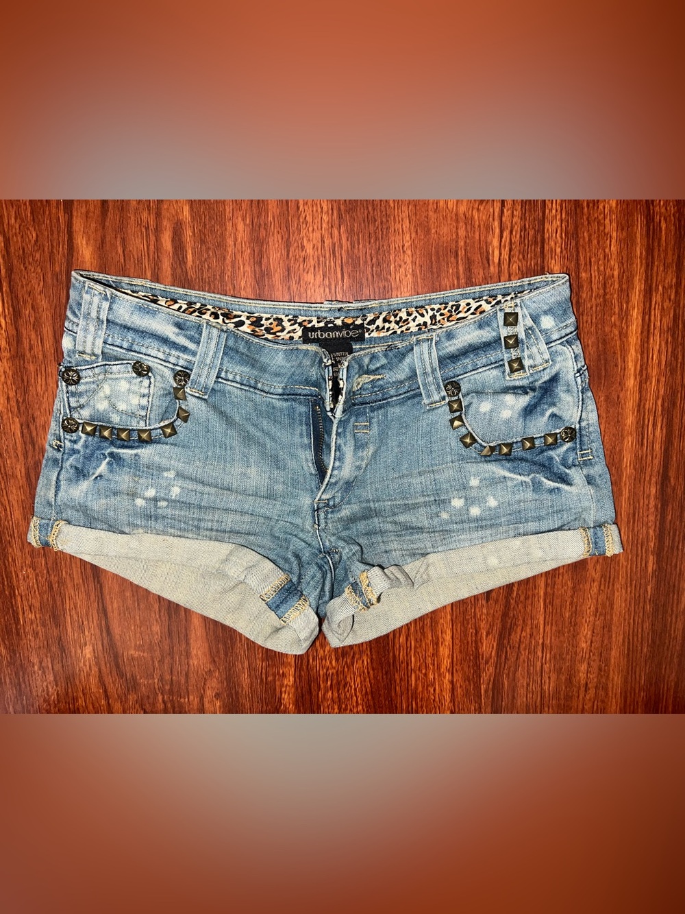Urban Vibe Light Blue Studded Denim Roll-Cuff Shorts w/ Leppard Details